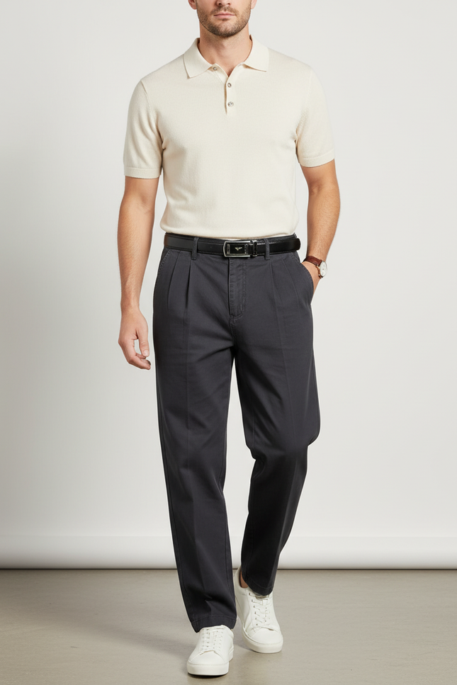 Pantalon Baggy Noir Plissé Coton Décontracté Homme