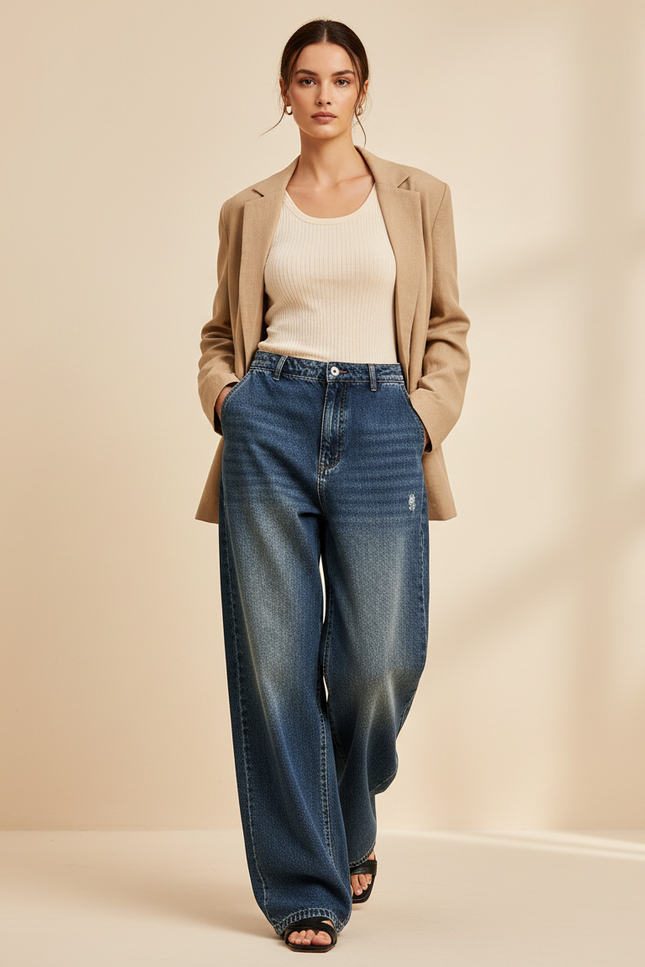 Pantalon Baggy Jean Bleu Large Décontracté Femme