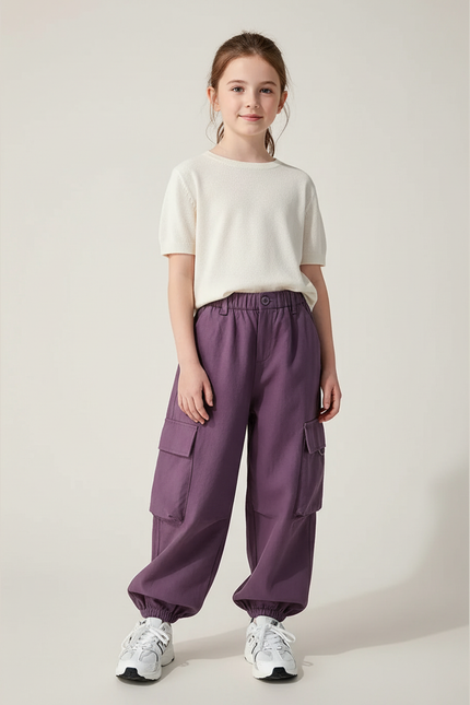 Pantalon Baggy Violet Cargo Ample Fille Décontracté - Coton
