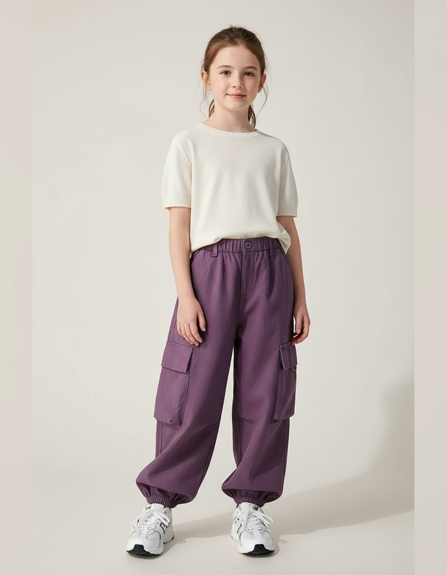 Pantalon Baggy Violet Cargo Ample Fille Décontracté - Coton