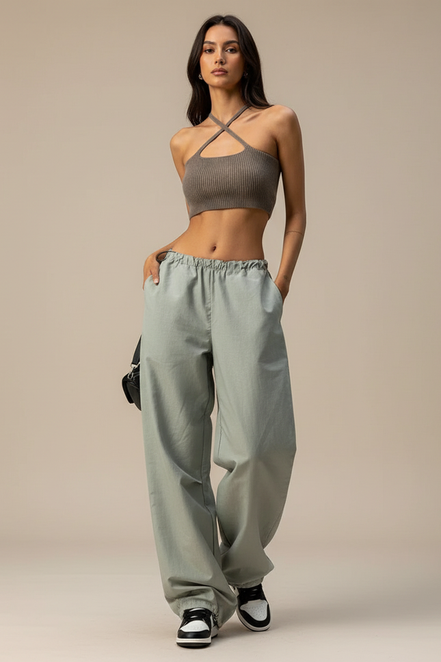 Pantalon Baggy Vert Ample Cordon Décontracté Femme - Toile