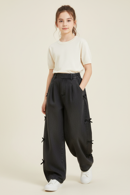 Pantalon Baggy Noir Denim Ample Nœuds Fille - Jean