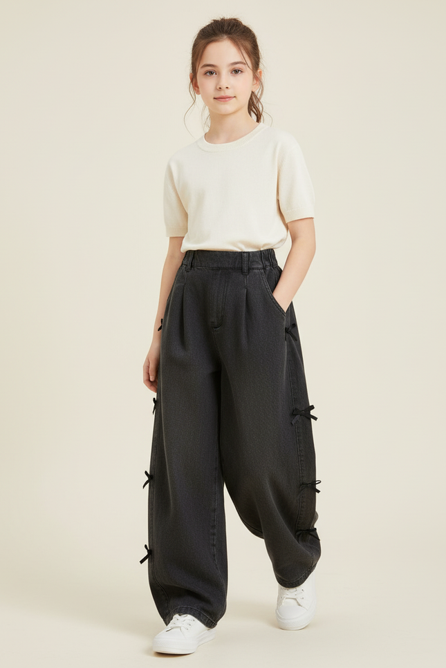 Pantalon Baggy Noir Denim Ample Nœuds Fille - Jean