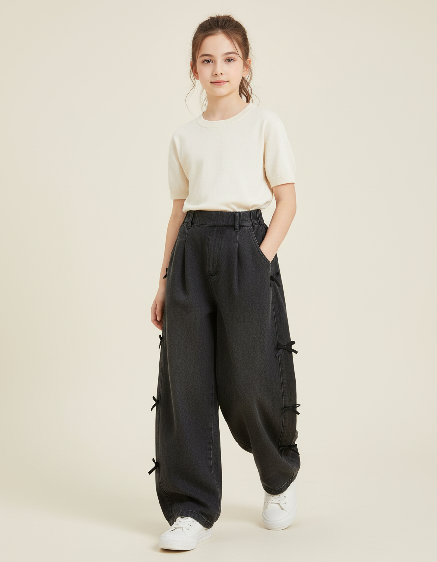 Pantalon Baggy Noir Denim Ample Nœuds Fille - Jean