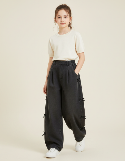 Pantalon Baggy Noir Denim Ample Nœuds Fille - Jean