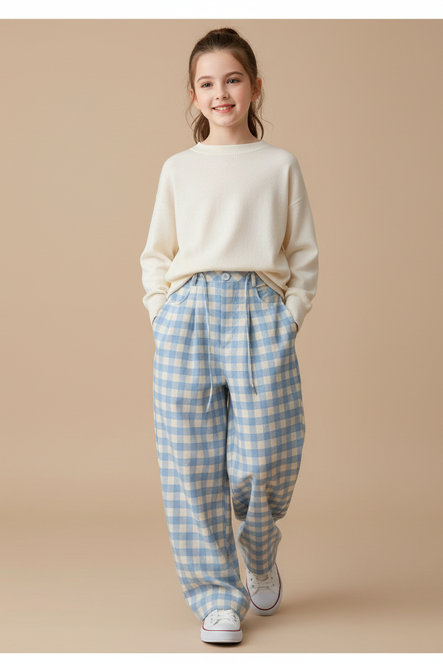 Pantalon Baggy Carreaux Bleus Ample Confortable Fille - Molleton