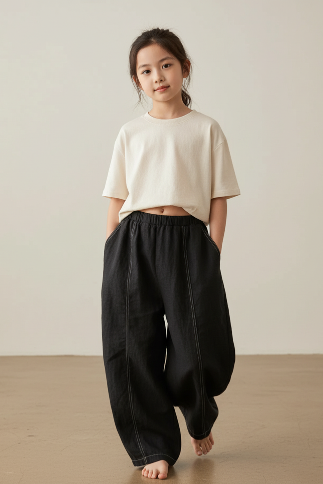 Pantalon Baggy Noir Lin Ample Confortable Enfant