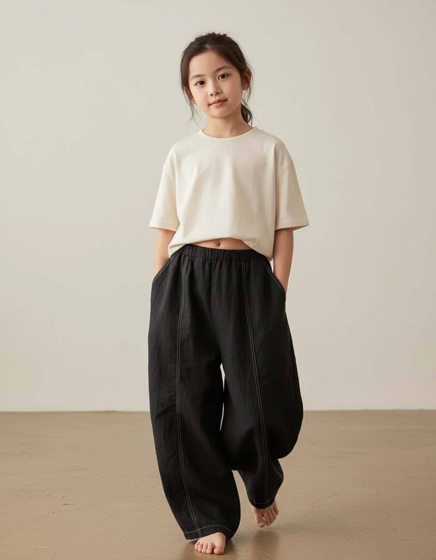 Pantalon Baggy Noir Lin Ample Confortable Enfant