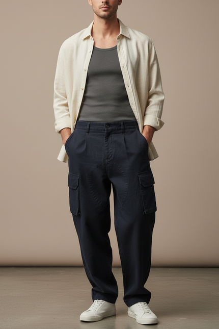 Pantalon Baggy Bleu Marine Coton Cargo Plissé Homme - Toile