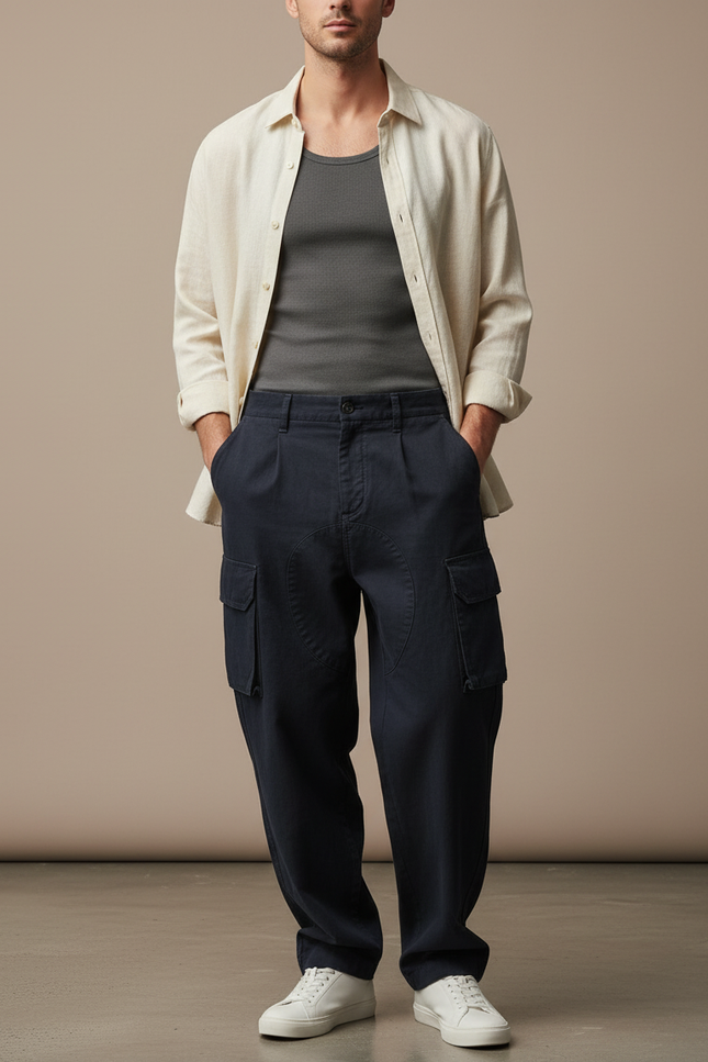 Pantalon Baggy Bleu Marine Coton Cargo Plissé Homme - Toile
