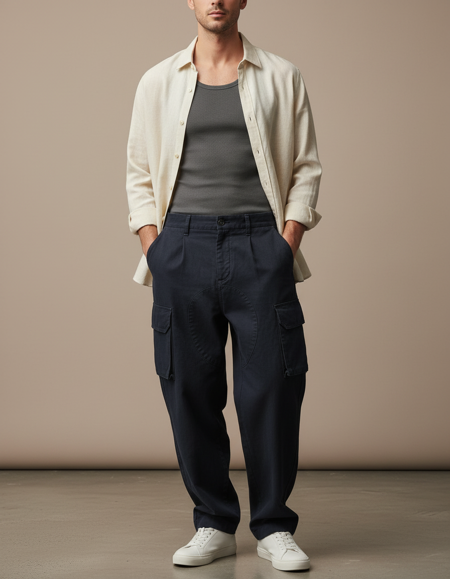 Pantalon Baggy Bleu Marine Coton Cargo Plissé Homme - Toile