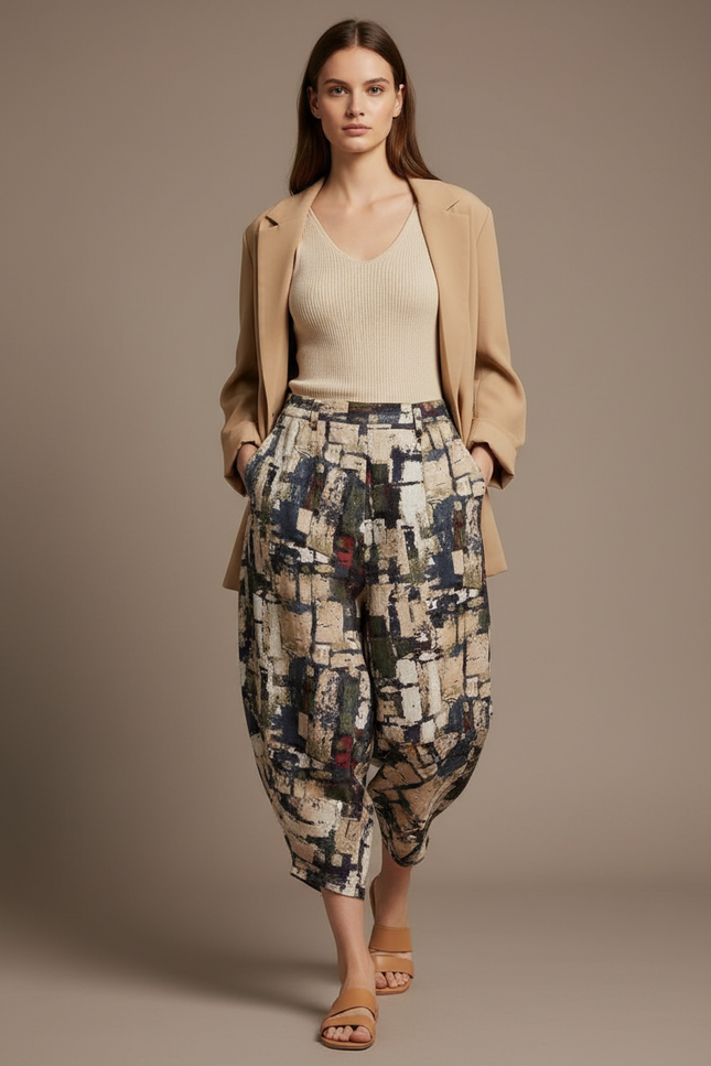 Pantalon Baggy Imprimé Abstrait Ample Coton Lin Femme