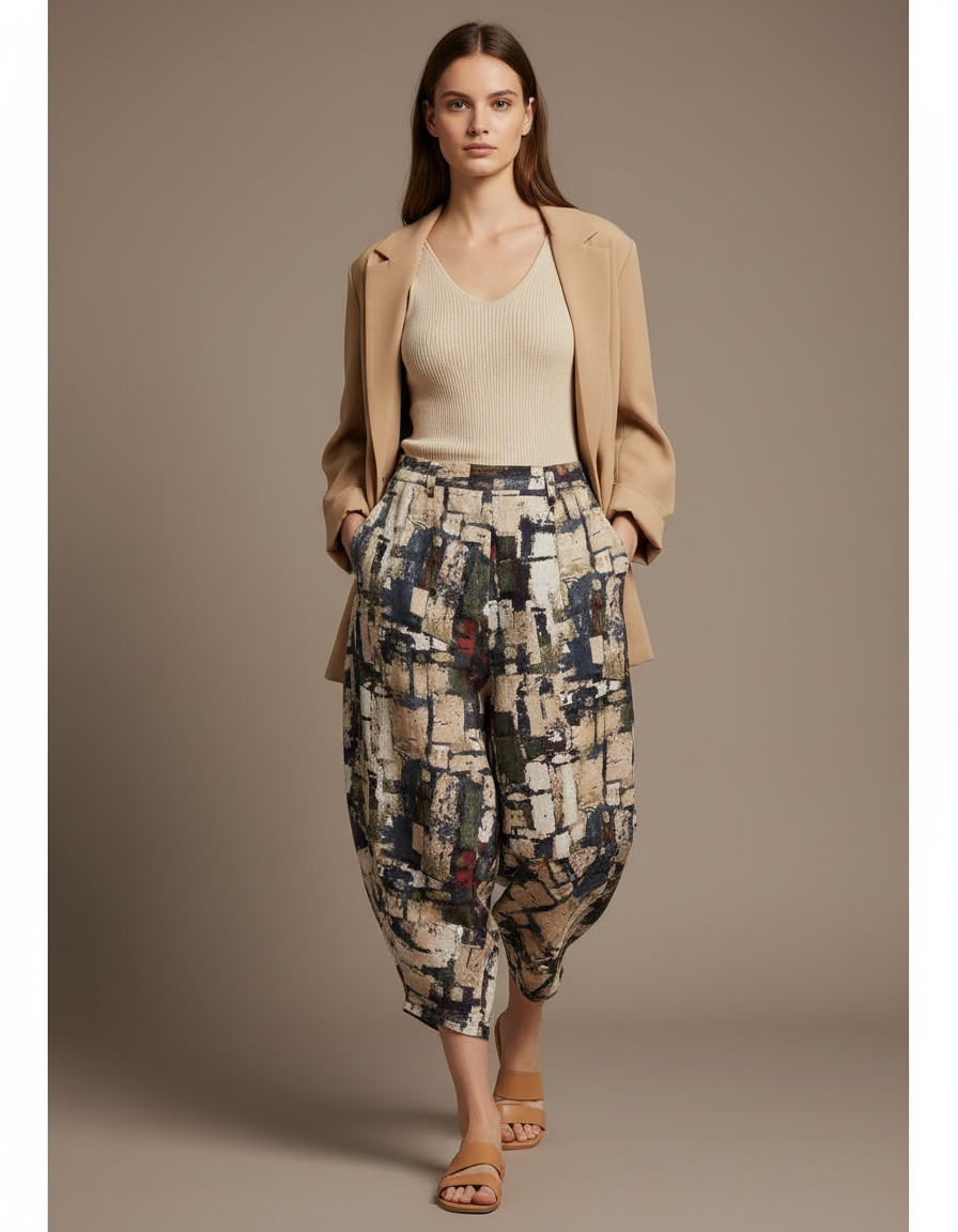 Pantalon Baggy Imprimé Abstrait Ample Coton Lin Femme