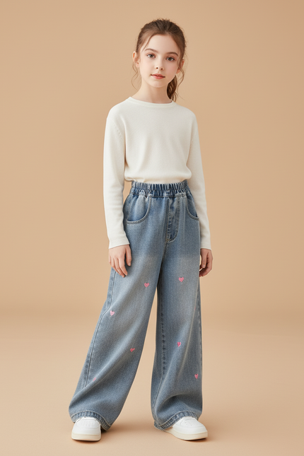 Pantalon Baggy Denim Cœur Brodé Ample Enfant - Bleu Jean