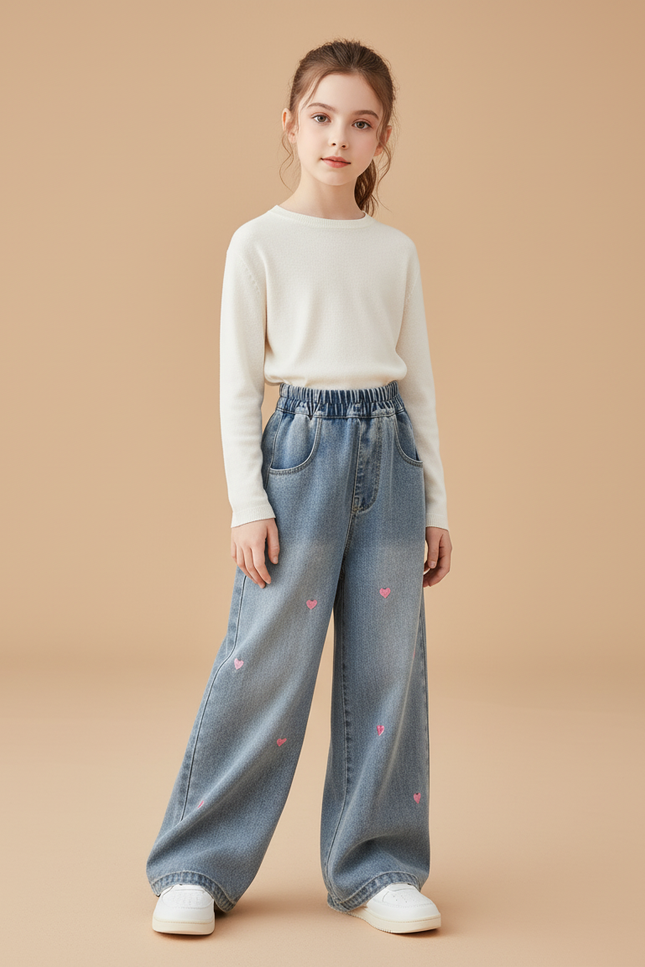 Pantalon Baggy Denim Cœur Brodé Ample Enfant - Bleu Jean