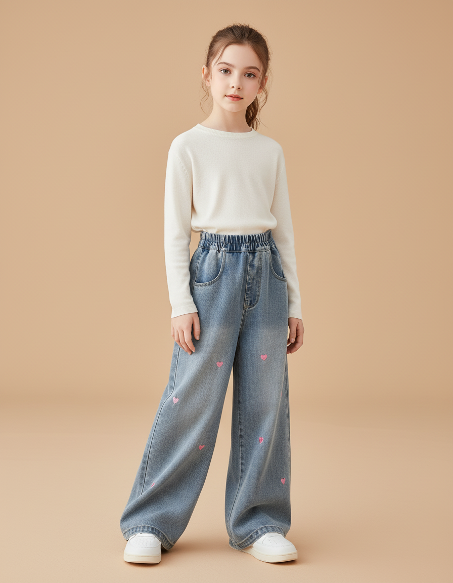 Pantalon Baggy Denim Cœur Brodé Ample Enfant - Bleu Jean
