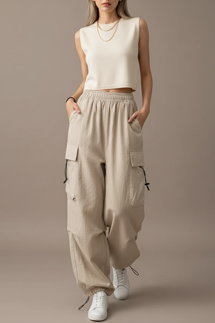 Pantalon Baggy Beige Cargo Ample Multi-Poches Femme - Toile