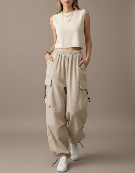 Pantalon Baggy Beige Cargo Ample Multi-Poches Femme - Toile
