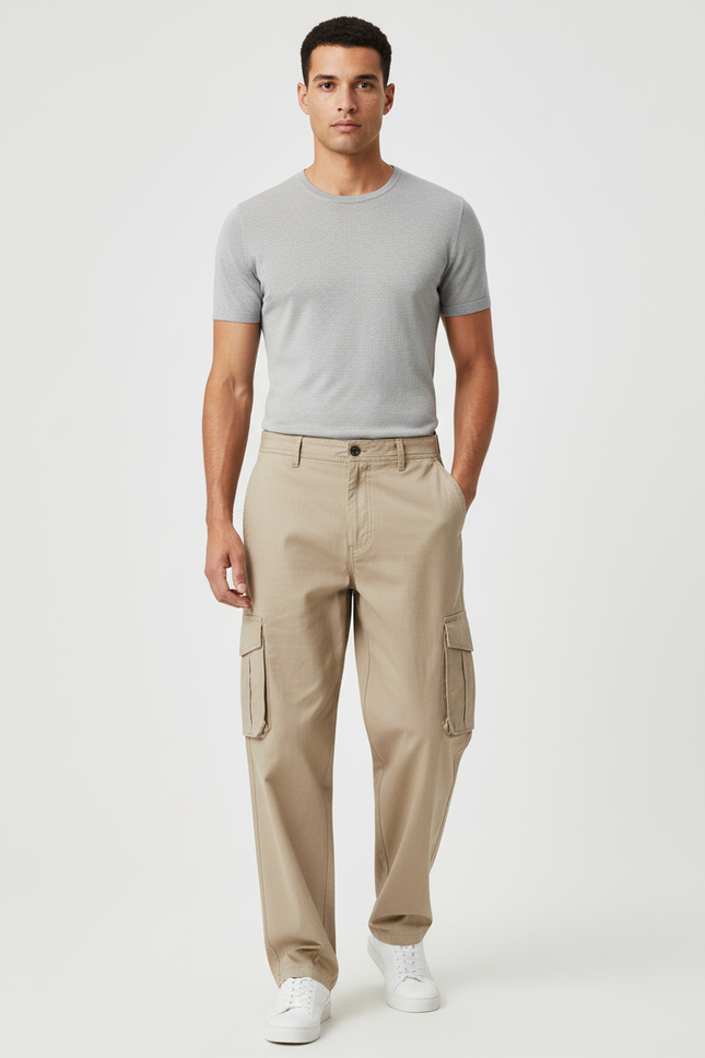 Pantalon Baggy Kaki Cargo Coton Ample Poches Homme