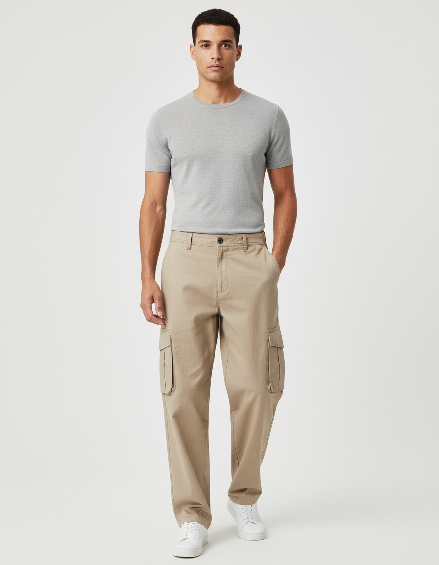 Pantalon Baggy Kaki Cargo Coton Ample Poches Homme