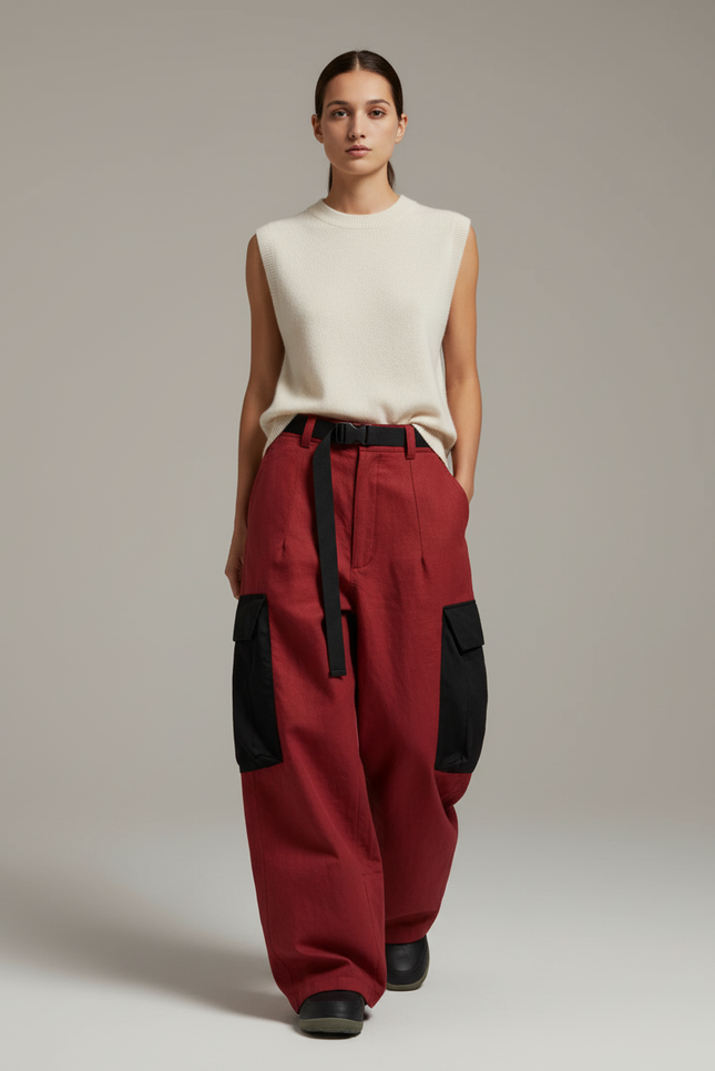 Pantalon Baggy Rouge Cargo Large Décontracté - Toile
