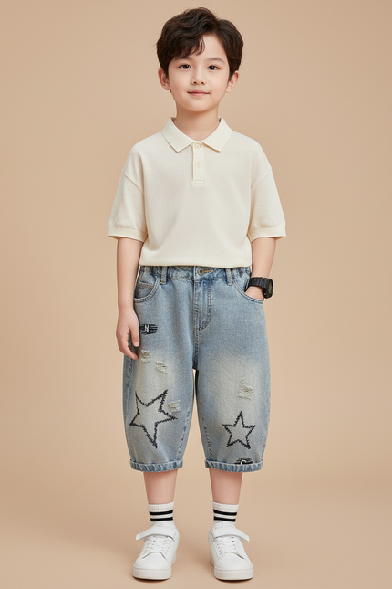Pantalon Baggy Jean Bleu Étoiles Déchiré Enfant