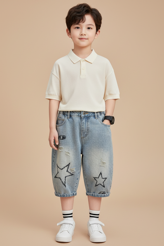 Pantalon Baggy Jean Bleu Étoiles Déchiré Enfant