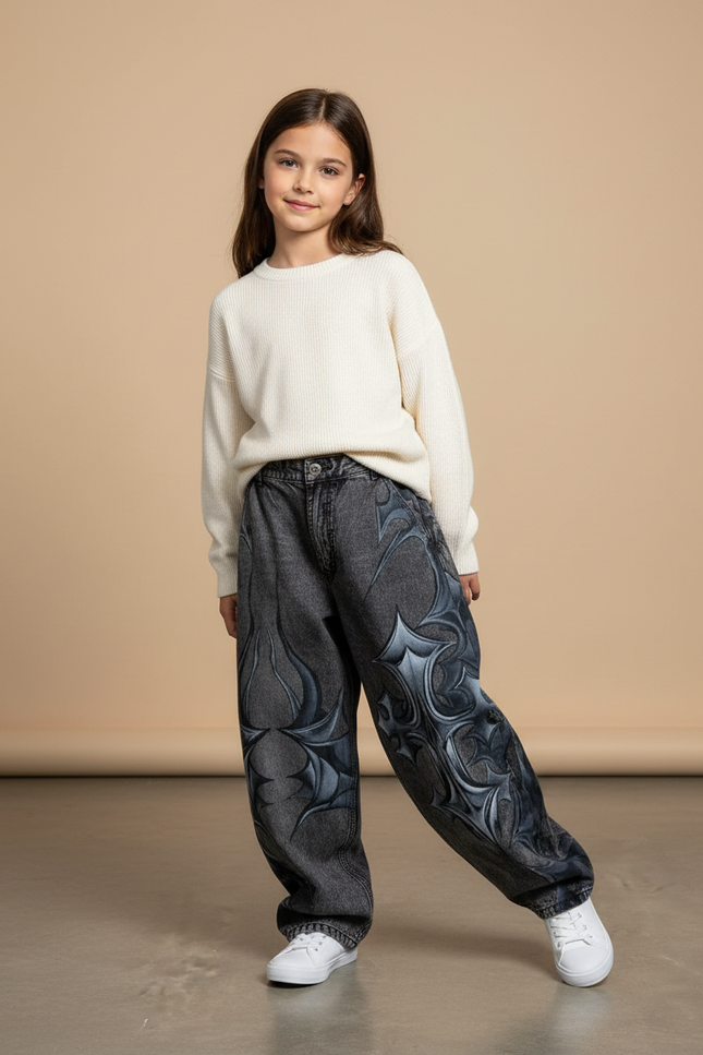 Pantalon Baggy Jean Gris Imprimé Gothique Ample
