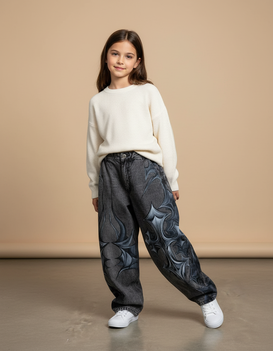 Pantalon Baggy Jean Gris Imprimé Gothique Ample