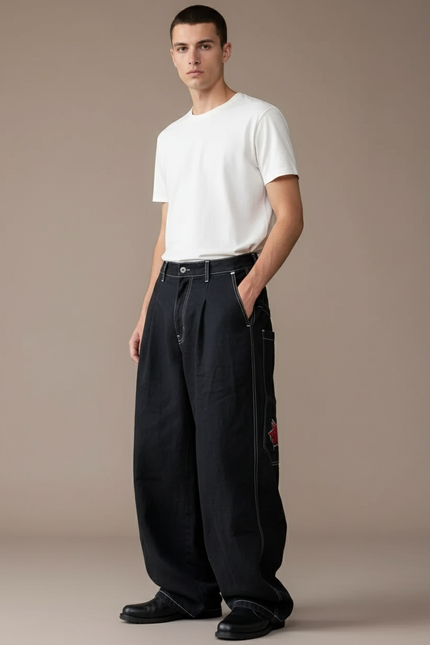 Pantalon Baggy Noir Ample Surpiqué Brodé Décontracté - Jean