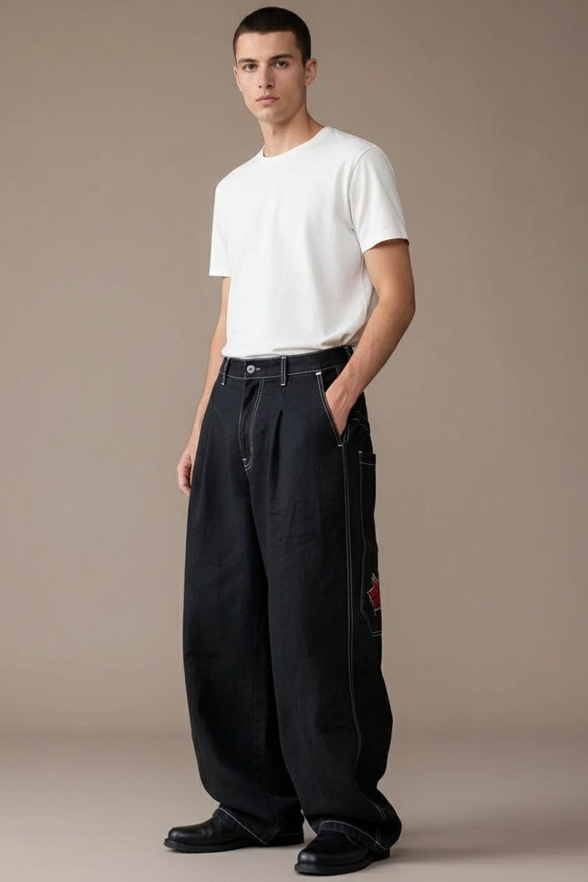 Pantalon Baggy Noir Ample Surpiqué Brodé Décontracté - Jean