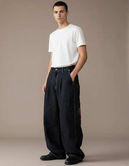 Pantalon Baggy Noir Ample Surpiqué Brodé Décontracté - Jean