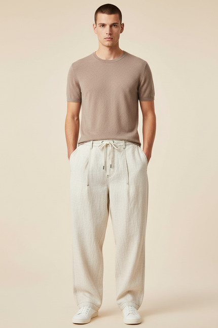 Pantalon Baggy Crème Lin Ample Cordon Homme - Beige