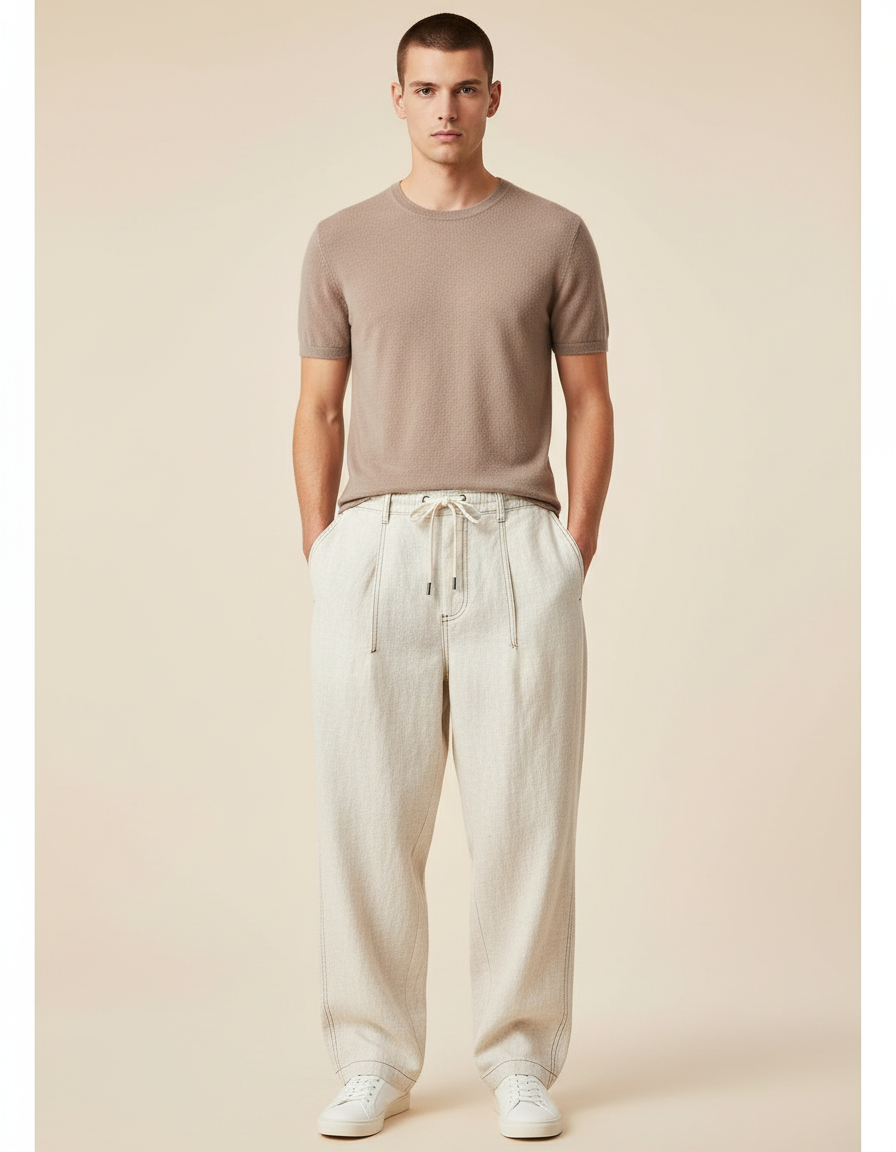 Pantalon Baggy Crème Lin Ample Cordon Homme - Beige