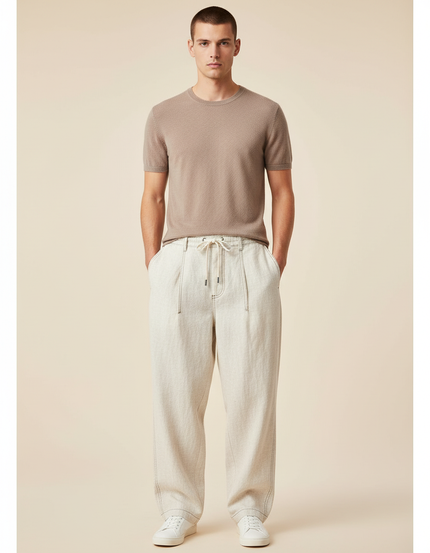 Pantalon Baggy Crème Lin Ample Cordon Homme - Beige
