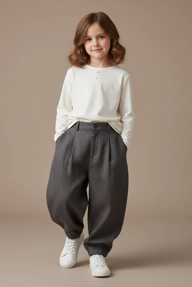 Pantalon Baggy Gris Plissé Ample Enfant - Lin