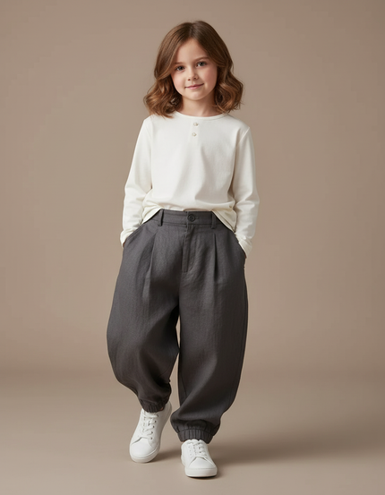 Pantalon Baggy Gris Plissé Ample Enfant - Lin
