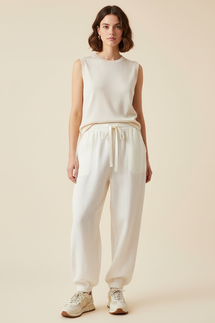 Pantalon Baggy Beige Lin Cordon Décontracté Femme
