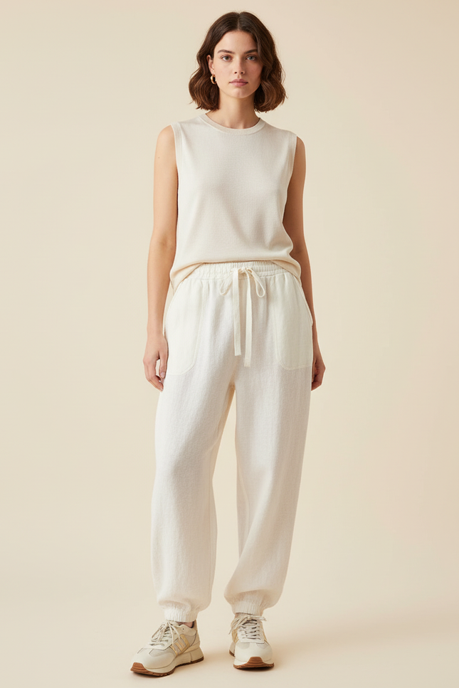 Pantalon Baggy Beige Lin Cordon Décontracté Femme