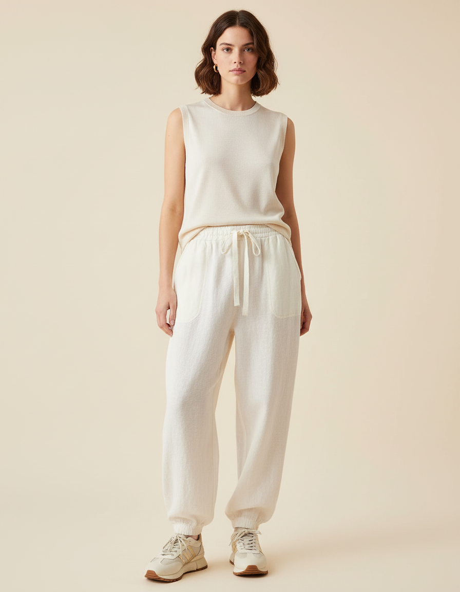 Pantalon Baggy Beige Lin Cordon Décontracté Femme