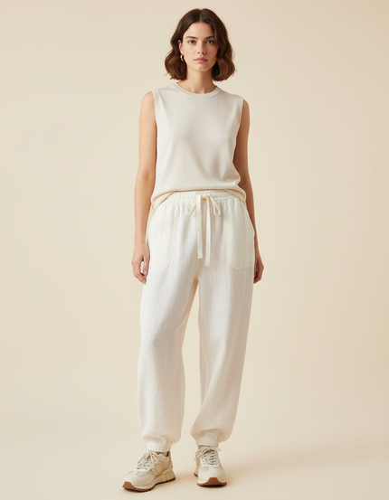Pantalon Baggy Beige Lin Cordon Décontracté Femme