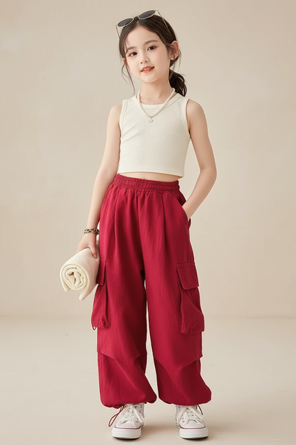 Pantalon Baggy Rouge Cargo Ample Coton Enfant