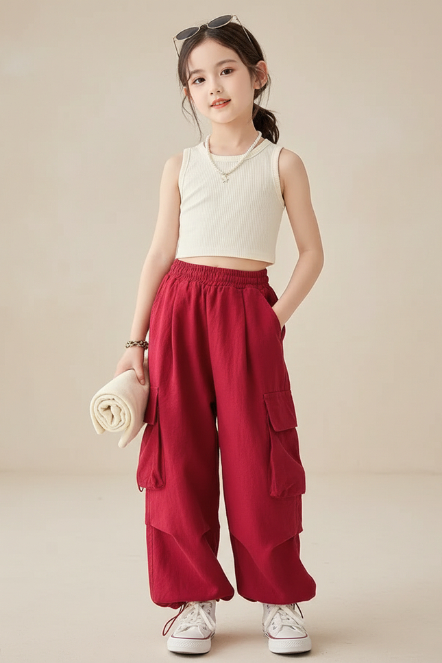 Pantalon Baggy Rouge Cargo Ample Coton Enfant