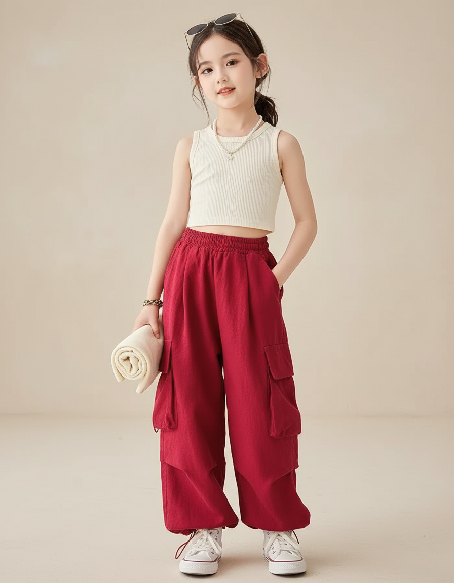 Pantalon Baggy Rouge Cargo Ample Coton Enfant