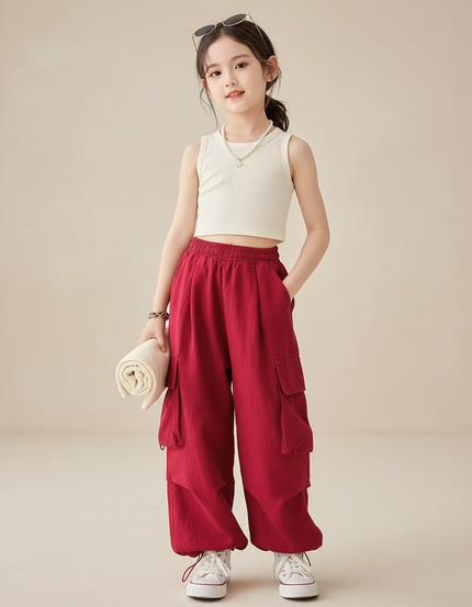 Pantalon Baggy Rouge Cargo Ample Coton Enfant