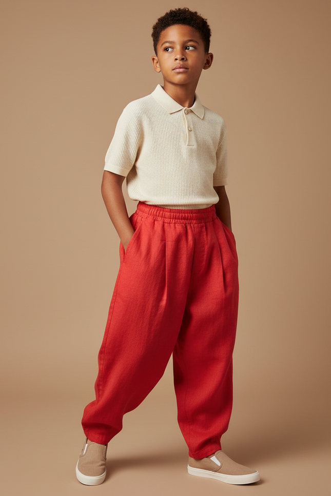 Pantalon Baggy Rouge Lin Ample Plissé Enfant