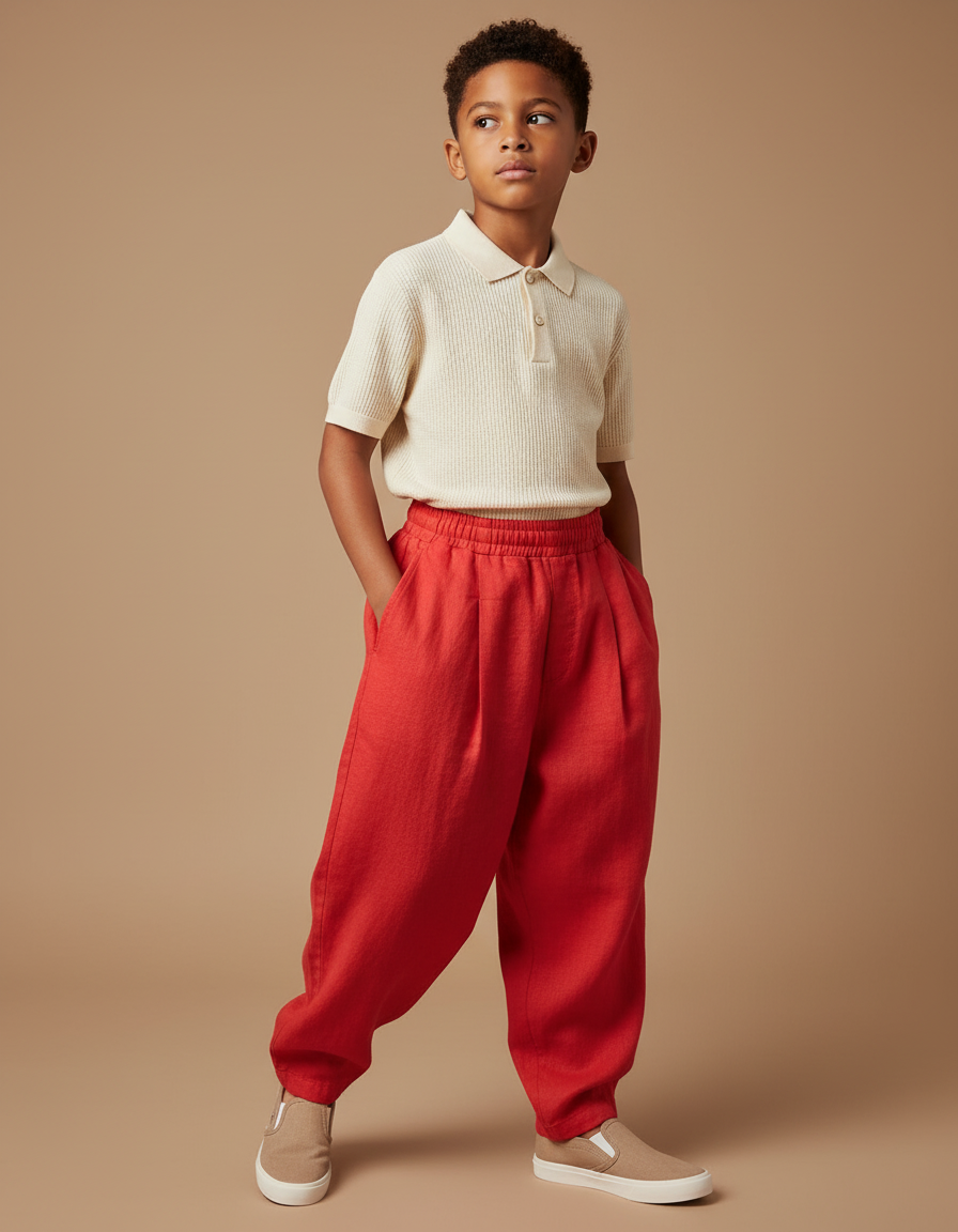 Pantalon Baggy Rouge Lin Ample Plissé Enfant