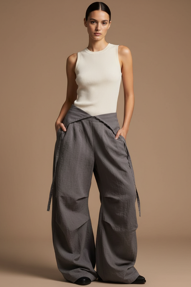 Pantalon Baggy Gris Ample Lin Fluide Décontracté