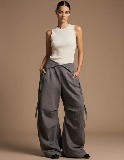 Pantalon Baggy Gris Ample Lin Fluide Décontracté