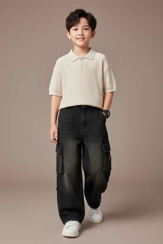 Pantalon Baggy Jean Cargo Noir Ample Enfant